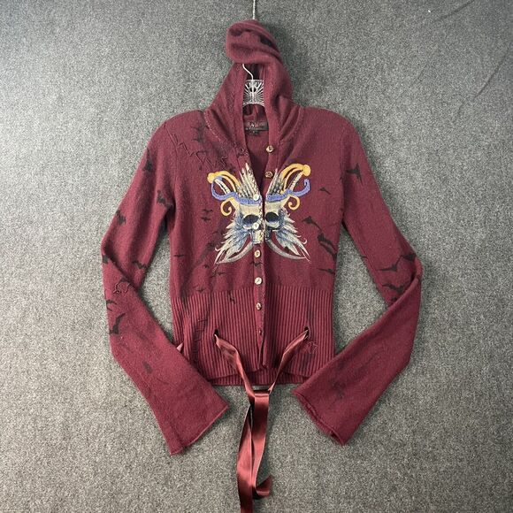 Vintage Sweaters - Raw 7 Vintage Cashmere Sweater Small Jacket Graphic Skulls Hoodie USA Burgundy